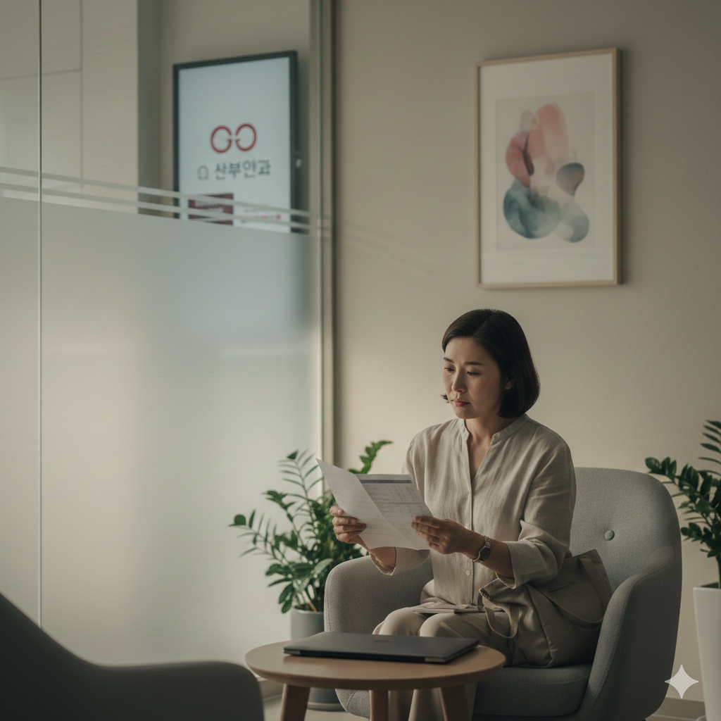 자궁내막증으로 내원, 산부인과 검진 기록지를 확인하는 40대 워킹맘 자궁내막증으로 내원, 산부인과 검진 기록지를 확인하는 40대 워킹맘